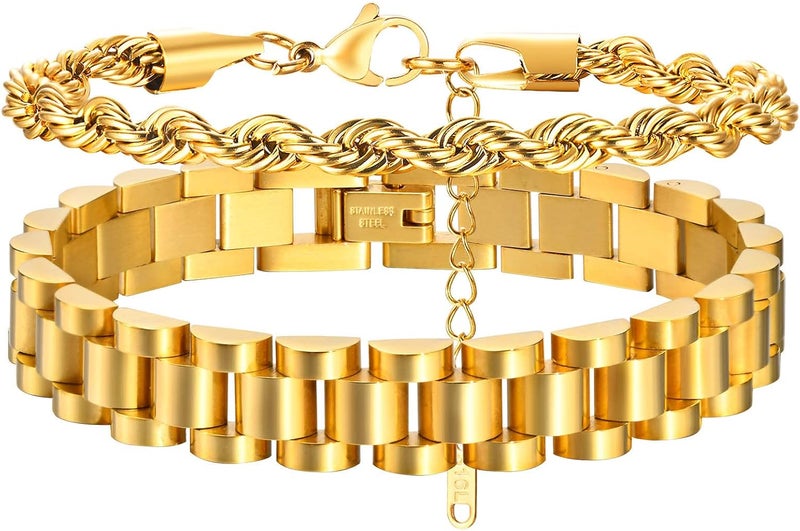 MPRAINBOW 2pcs 18K Gold Plated Chain Link Bracelet, Stainless Steel Crystal Friendship Bracelets Bangle,Watch Band Chains Wristband Jewelry with Adjust Tool - Image 1